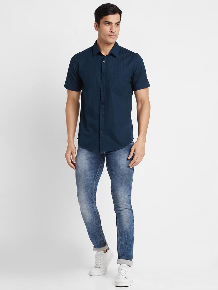 globus men blue opaque regular fit spread collar linen shirt - 19782657 - Standard Image - 3