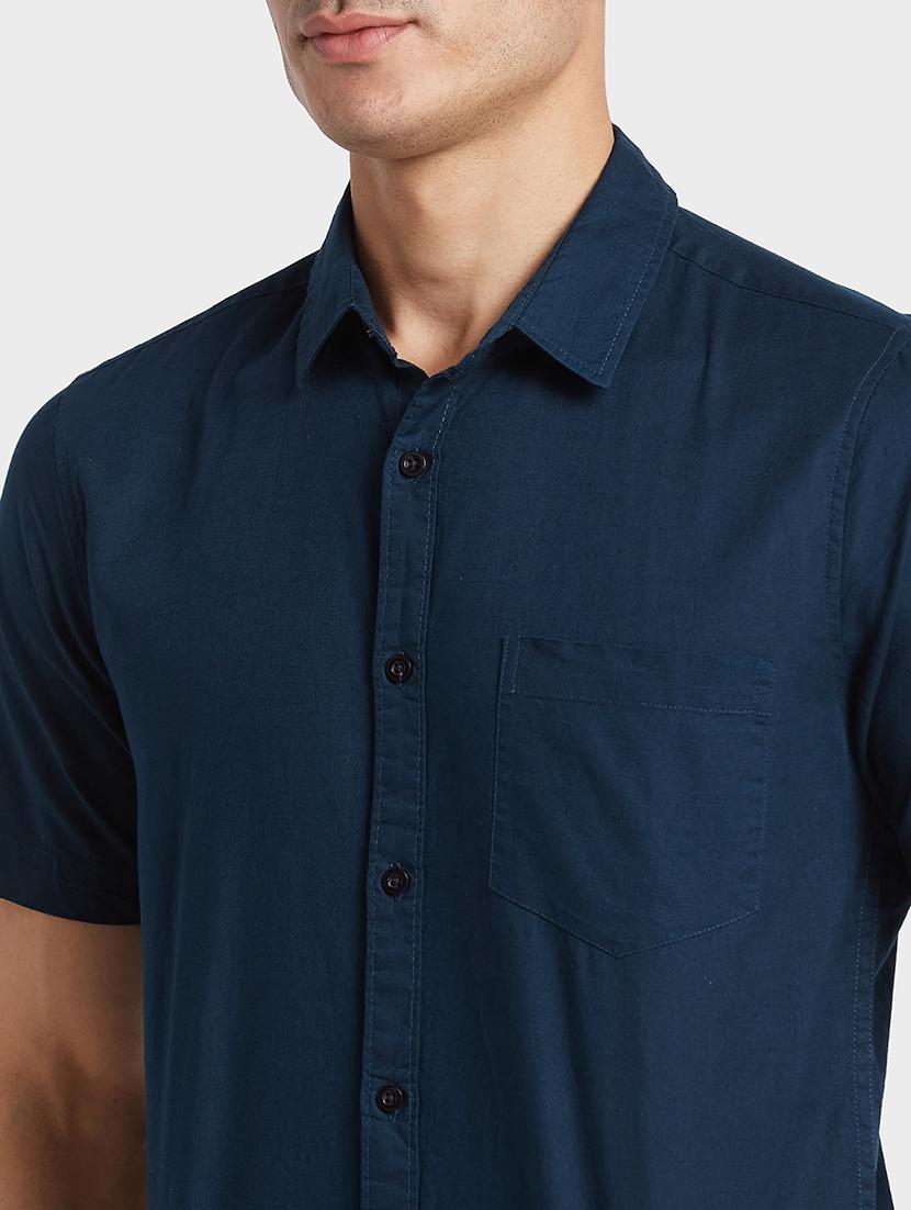 globus men blue opaque regular fit spread collar linen shirt - 19782657 - Standard Image - 5