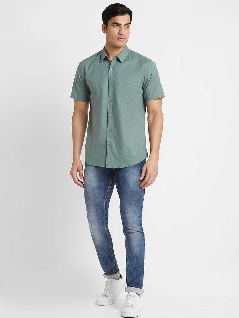 globus men olive short sleeve pure cotton casual shirt - 19782666 -  Standard Image - 3