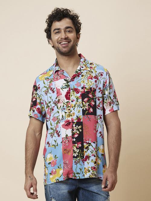 globus men blue cuban collar floral patch print opaque casual shirt - 19782680 -  Standard Image - 0