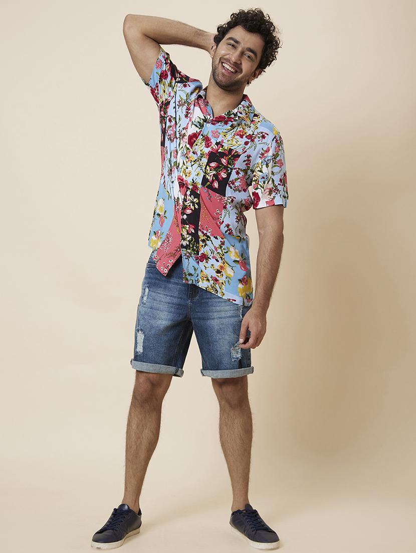 globus men blue cuban collar floral patch print opaque casual shirt - 19782680 - Standard Image - 3