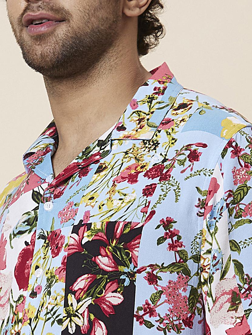globus men blue cuban collar floral patch print opaque casual shirt - 19782680 - Standard Image - 5