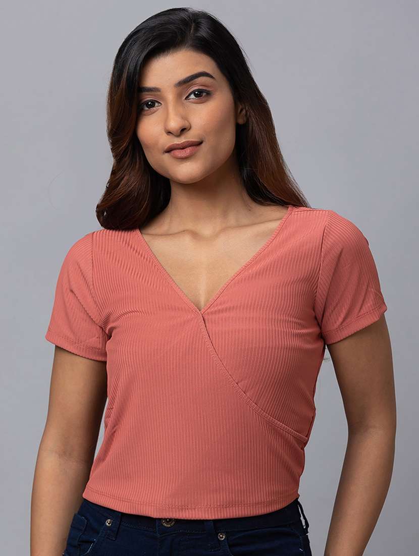 women peach polyester crop top