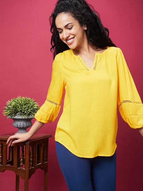 globus women yellow v-neck puff sleeves work wear top - 19783735 -  Standard Image - 0