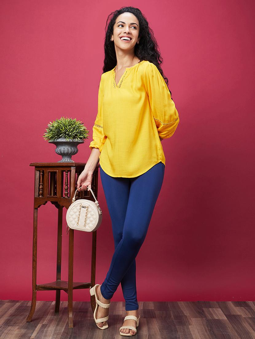 globus women yellow v-neck puff sleeves work wear top - 19783735 - Standard Image - 3
