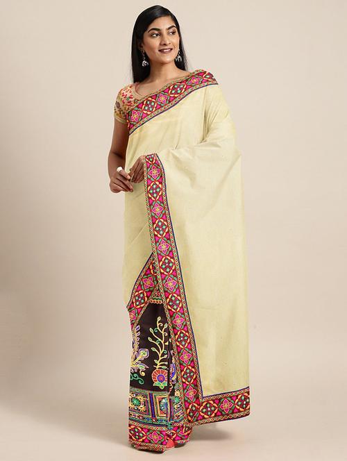 women's solid with work cream colored saree - 19784098 -  Standard Image - 0