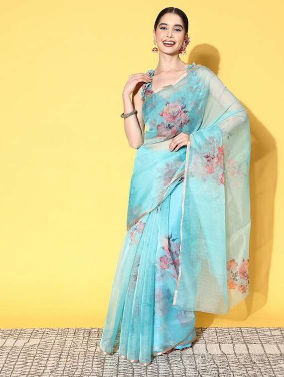 floral print woven saree with blouse - 19784123 -  Zoom Image - 0