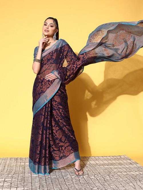 foil print woven saree with blouse - 19784125 -  Standard Image - 0