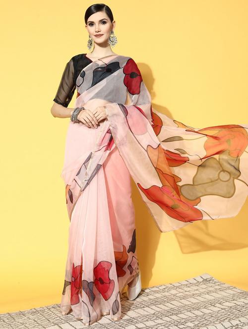 floral print woven saree with blouse - 19784181 - Standard Image - 0