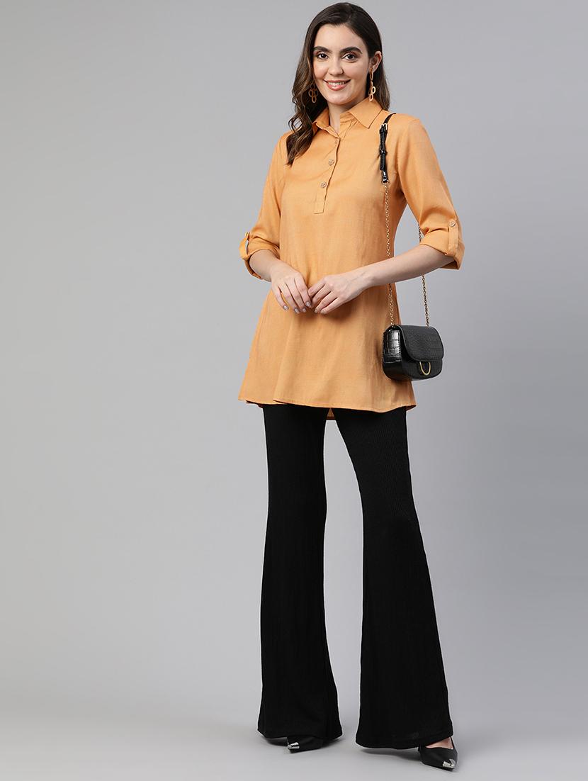 women orange solid roll up sleeve straight kurti - 19784861 - Standard Image - 3