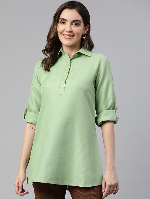women green solid roll up sleeve kurti - 19784863 - Standard Image - 0