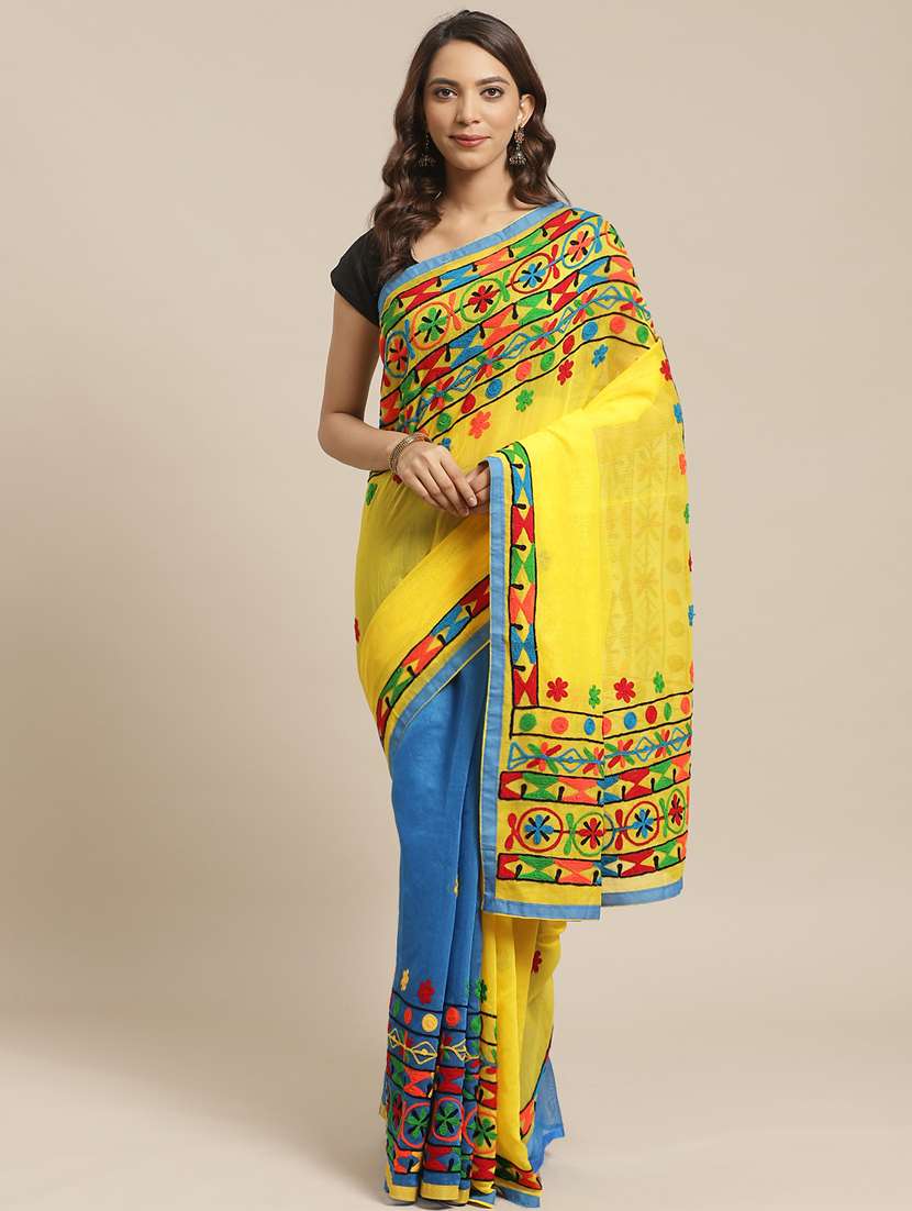 women's solid with work multi colored saree with blouse