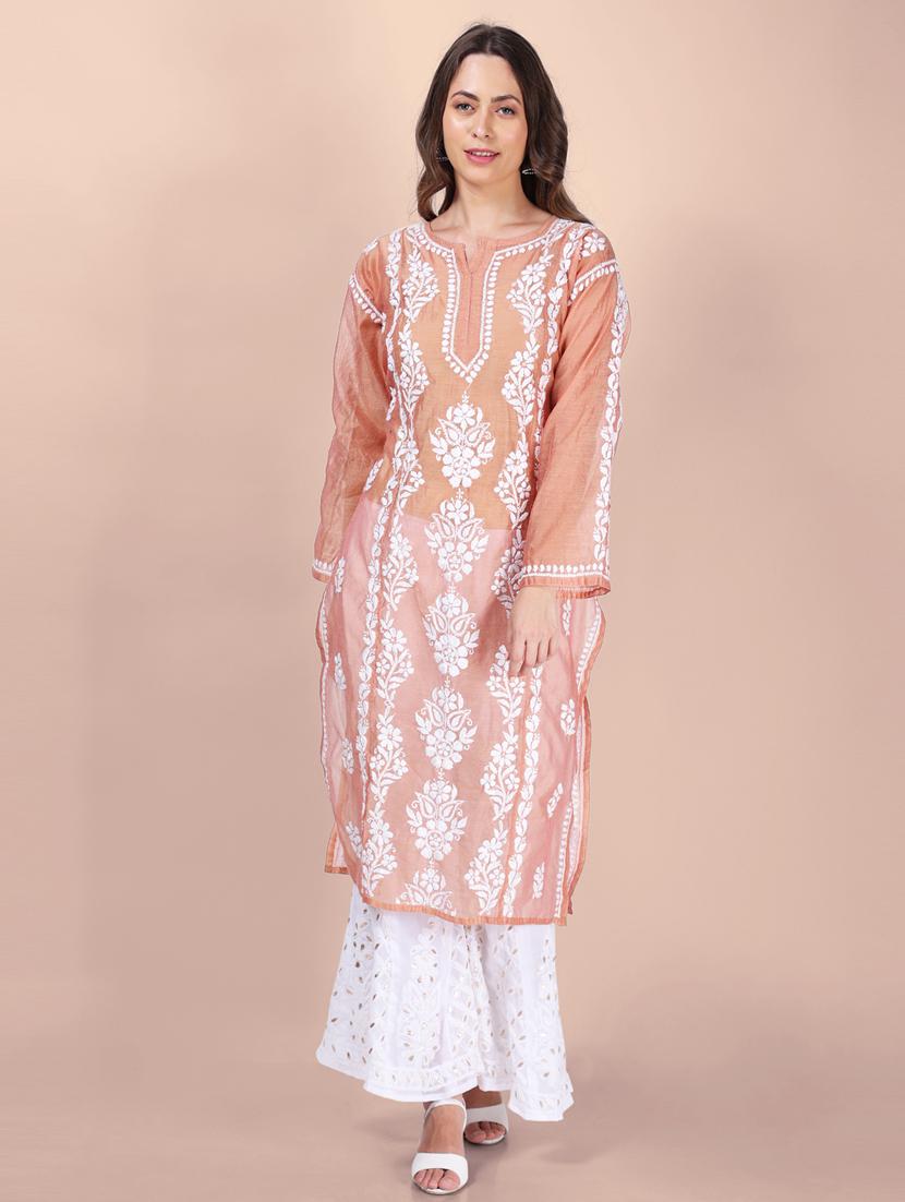 peach embroidered straight kurta - 19785308 -  Zoom Image - 0