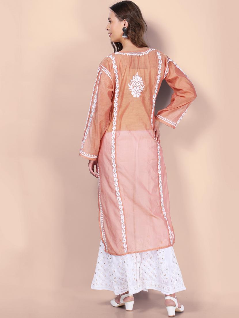 peach embroidered straight kurta - 19785308 - Standard Image - 3