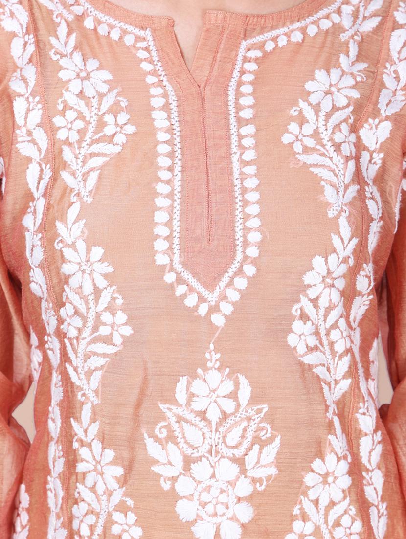 peach embroidered straight kurta - 19785308 - Standard Image - 5
