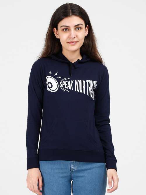 navy blue printed hooded neck zipper sweatshirt - 19785460 - Standard Image - 0