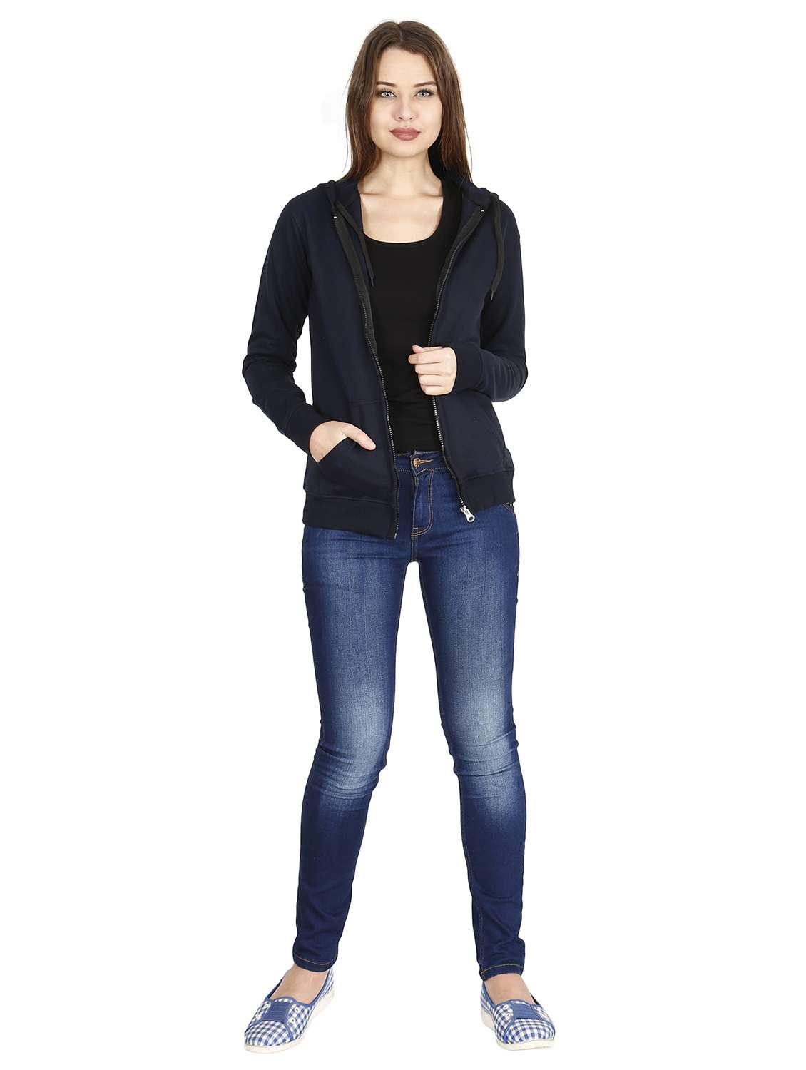 navy blue solid hooded neck zipper sweatshirt - 19785481 -  Standard Image - 3