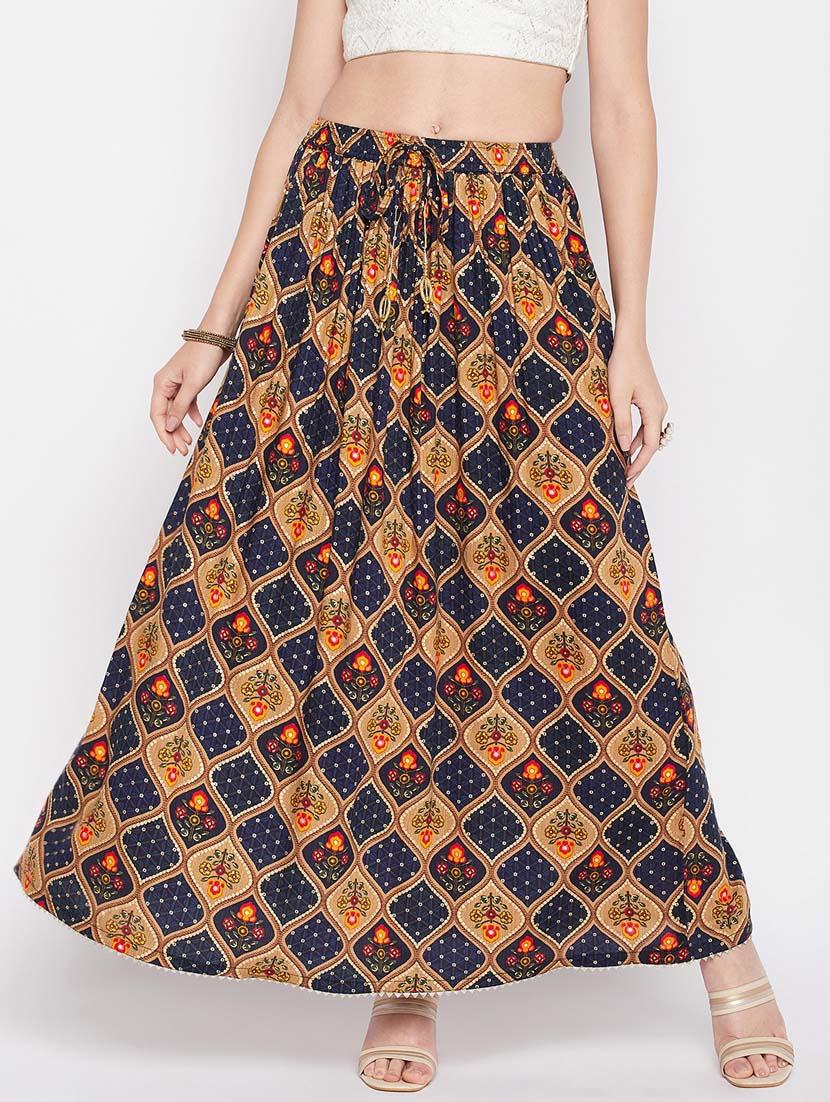 navy blue printed flared long skirt - 19796161 -  Zoom Image - 0