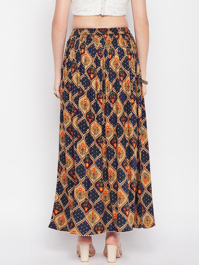 navy blue printed flared long skirt - 19796161 - Standard Image - 3