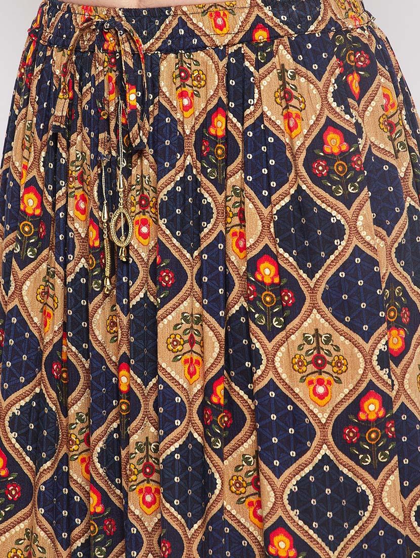 navy blue printed flared long skirt - 19796161 - Standard Image - 5