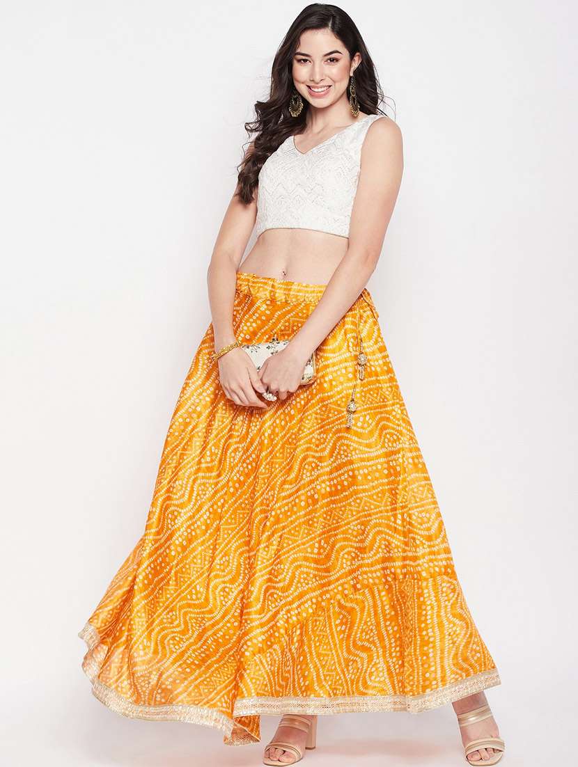 Mustard Printed Flared Long Skirt