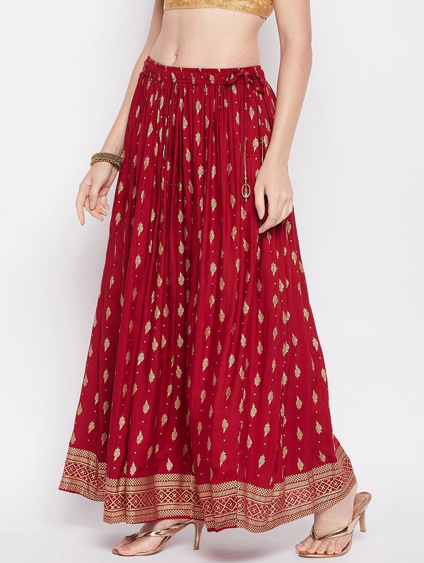 maroon printed flared long skirt - 19796191 - Zoom Image - 0