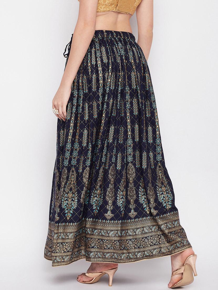 navy blue printed flared long skirt - 19796194 - Standard Image - 3
