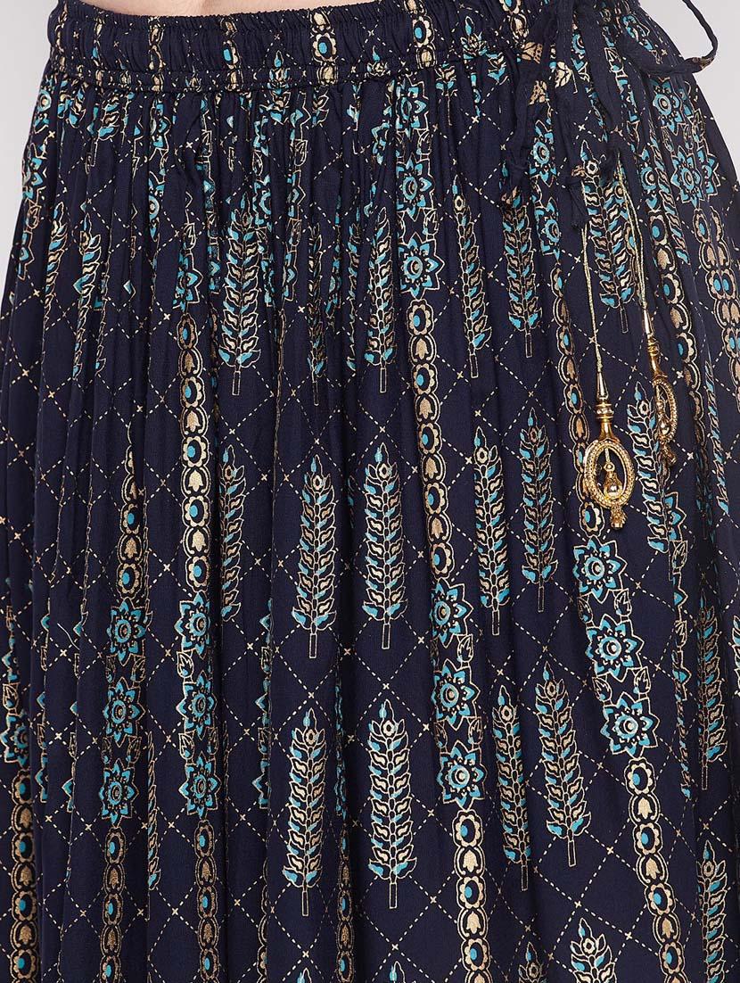 navy blue printed flared long skirt - 19796194 - Standard Image - 5