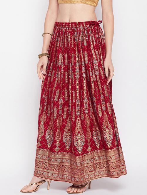 maroon printed flared long skirt - 19796195 - Standard Image - 0