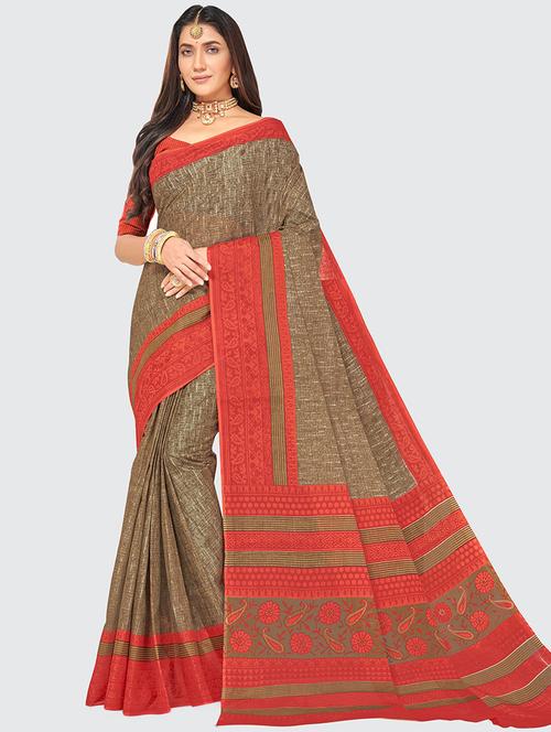 brown printed saree with blouse - 19796480 - Standard Image - 0