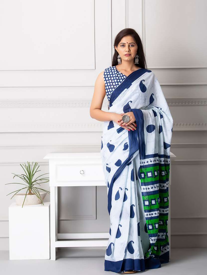 white printed saree with blouse - 19796978 - Zoom Image - 0