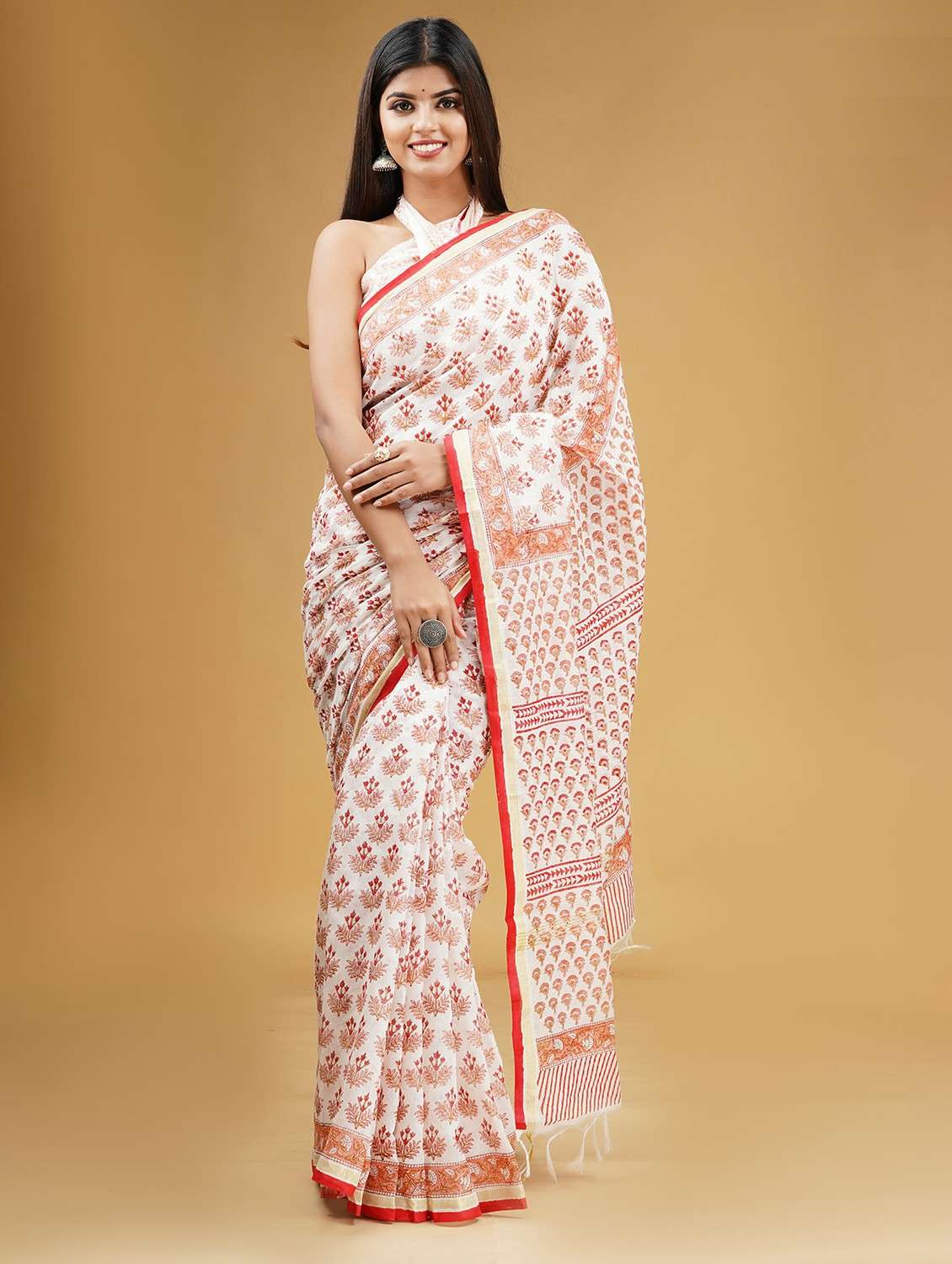 women's block print white colored saree