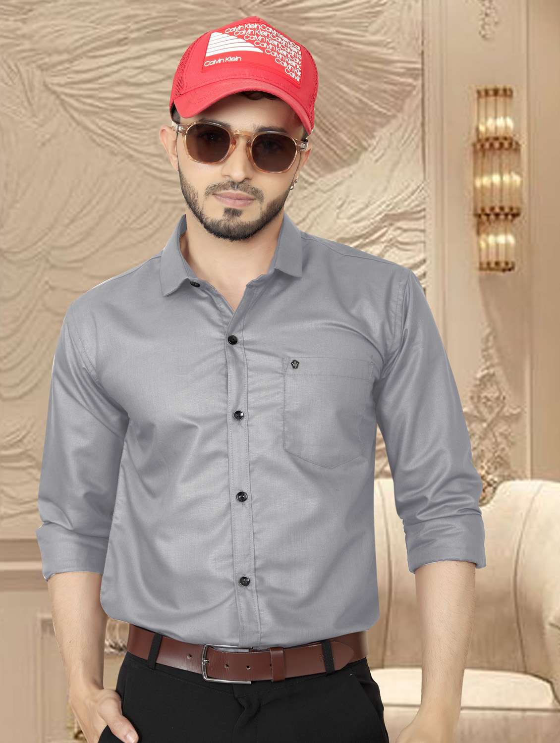 men grey regular fit solid casual shirt - 19803229 -  Zoom Image - 0