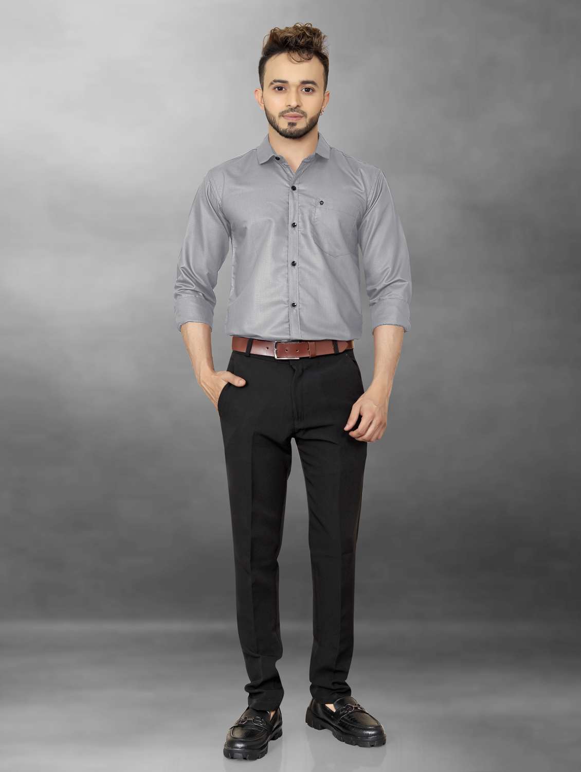 men grey regular fit solid casual shirt - 19803229 - Standard Image - 5