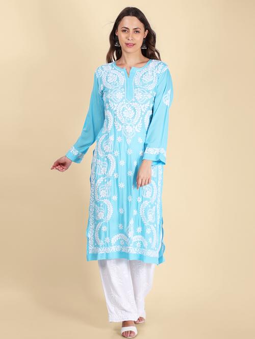 hand embroidered chikankari straight kurta - 19807775 - Standard Image - 0