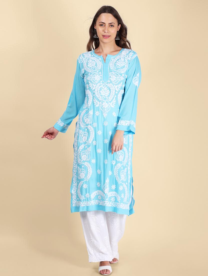 hand embroidered chikankari straight kurta - 19807775 - Zoom Image - 0