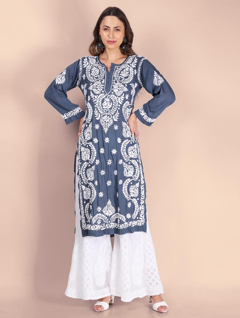 hand embroidered chikankari straight kurta - 19807776 -  Zoom Image - 0