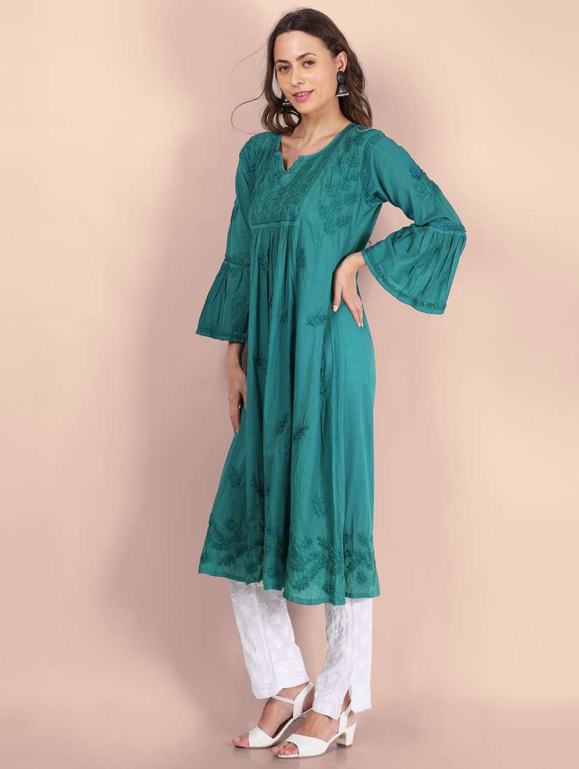 notch neck chikankari flared kurta - 19807819 -  Zoom Image - 0