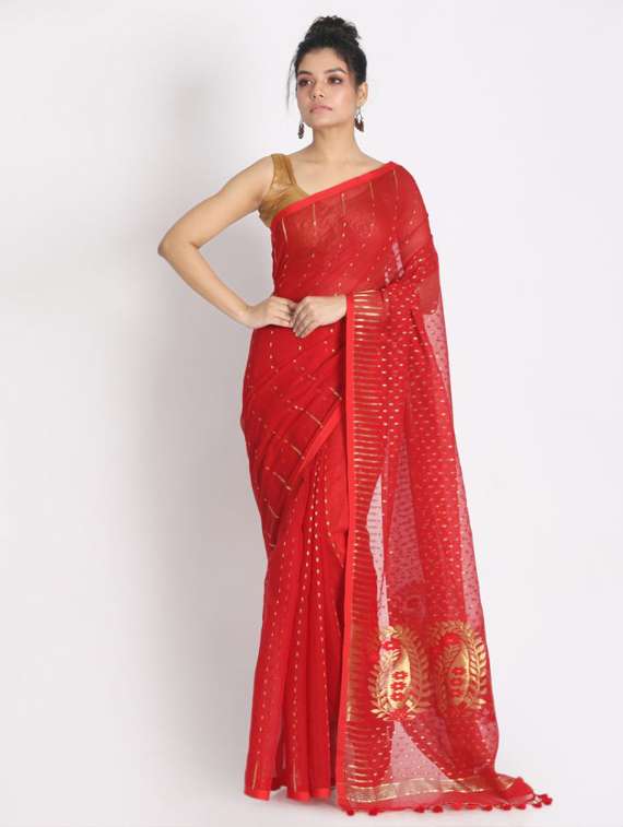 women's self design red colored saree with blouse