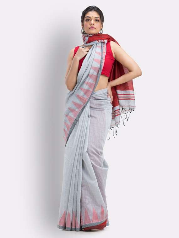 women's self design pearl grey colored saree with blouse