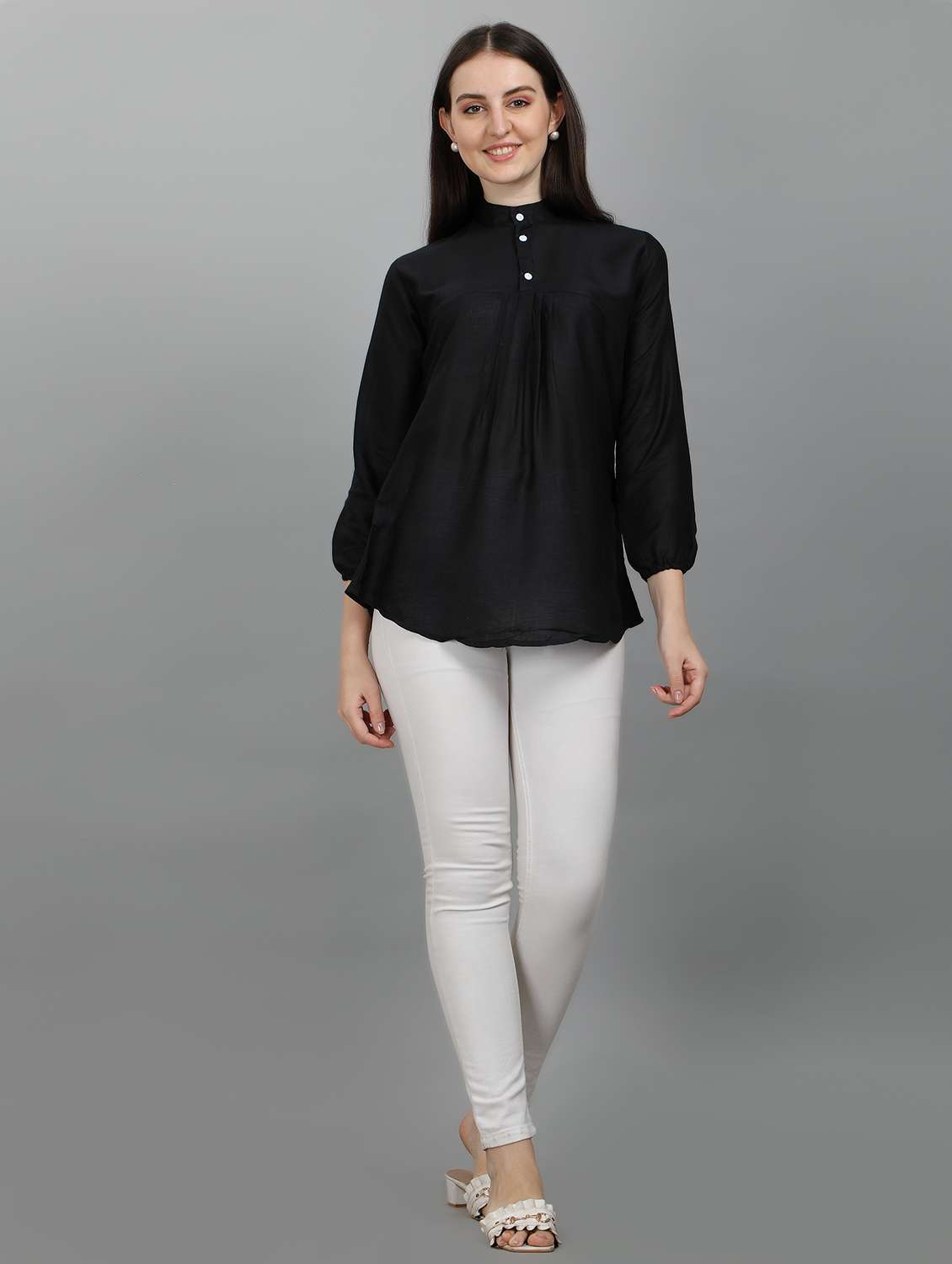women's straight mandarin neck top - 19811038 -  Standard Image - 3