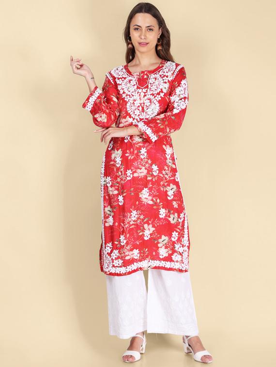 chikankari printed straight kurta - 19811075 - Zoom Image - 0