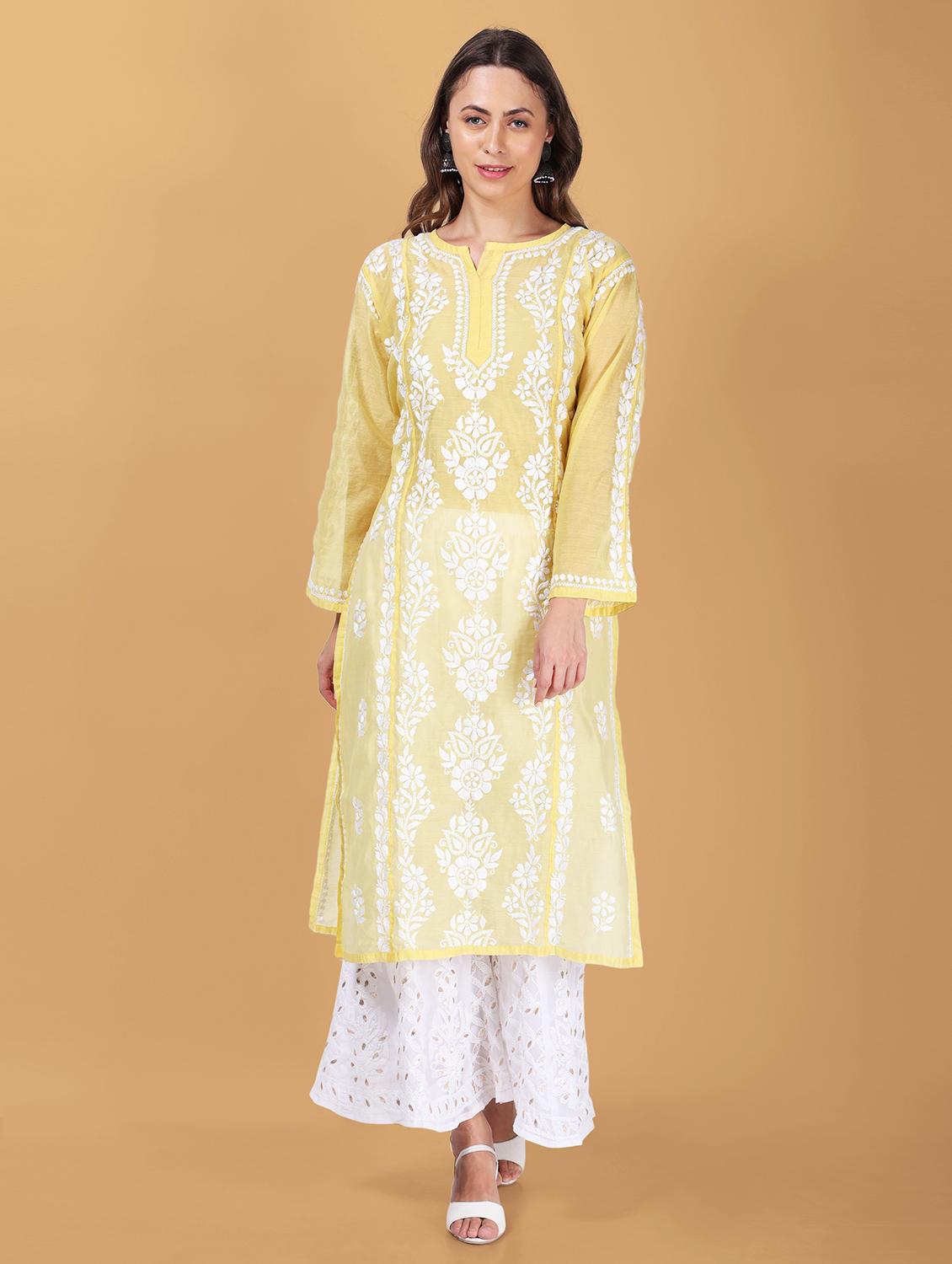 yellow chikankari straight kurta - 19814806 -  Zoom Image - 0