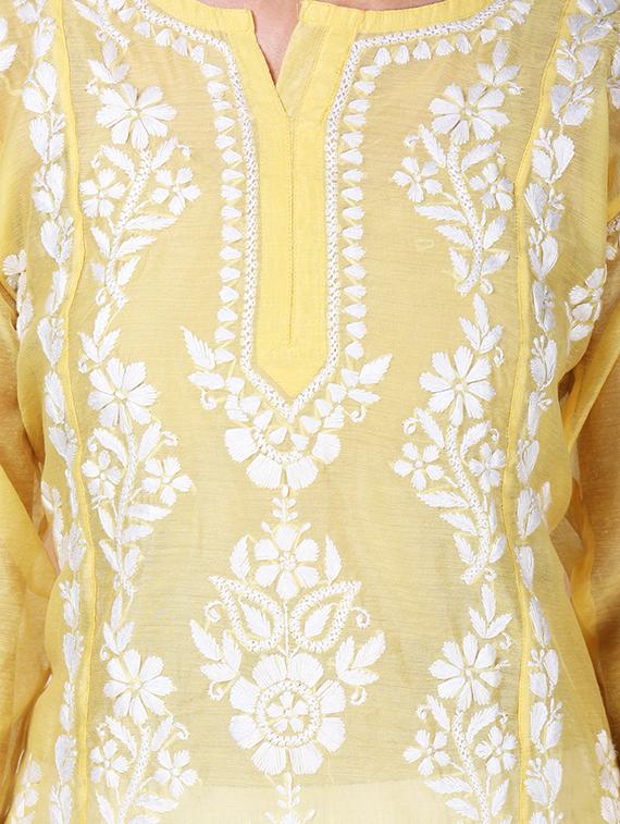 yellow chikankari straight kurta - 19814806 - Standard Image - 3