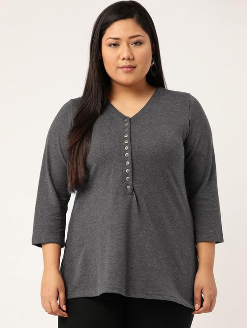grey solid knitted t-shirt with 3/4th sleeves - 19814868 - Standard Image - 0