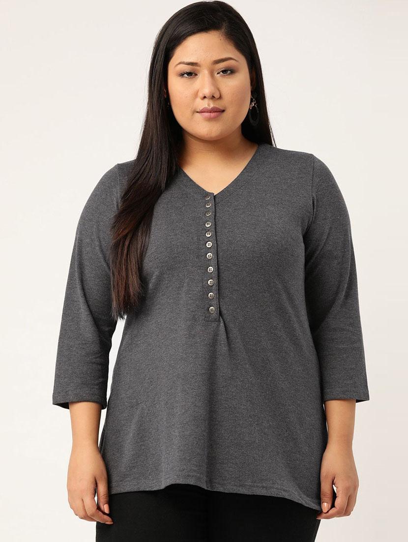 grey solid knitted t-shirt with 3/4th sleeves - 19814868 - Zoom Image - 0