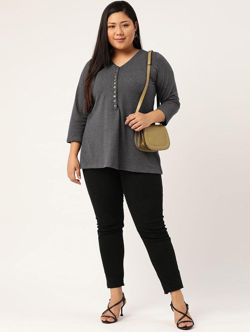 grey solid knitted t-shirt with 3/4th sleeves - 19814868 - Standard Image - 3