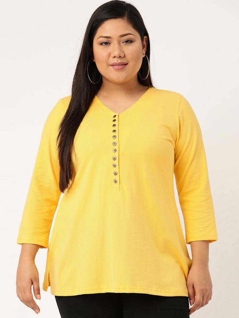 yellow solid knitted t-shirt with 3/4th sleeves - 19814871 - Zoom Image - 0