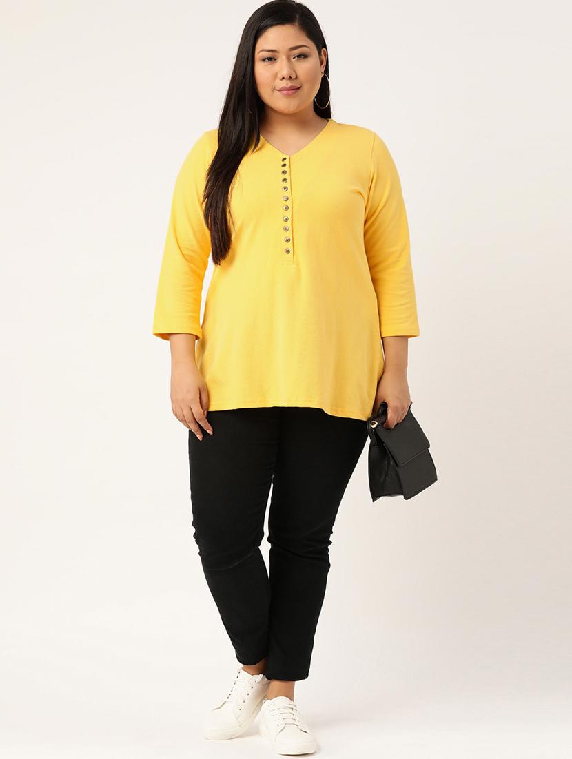 yellow solid knitted t-shirt with 3/4th sleeves - 19814871 - Standard Image - 3
