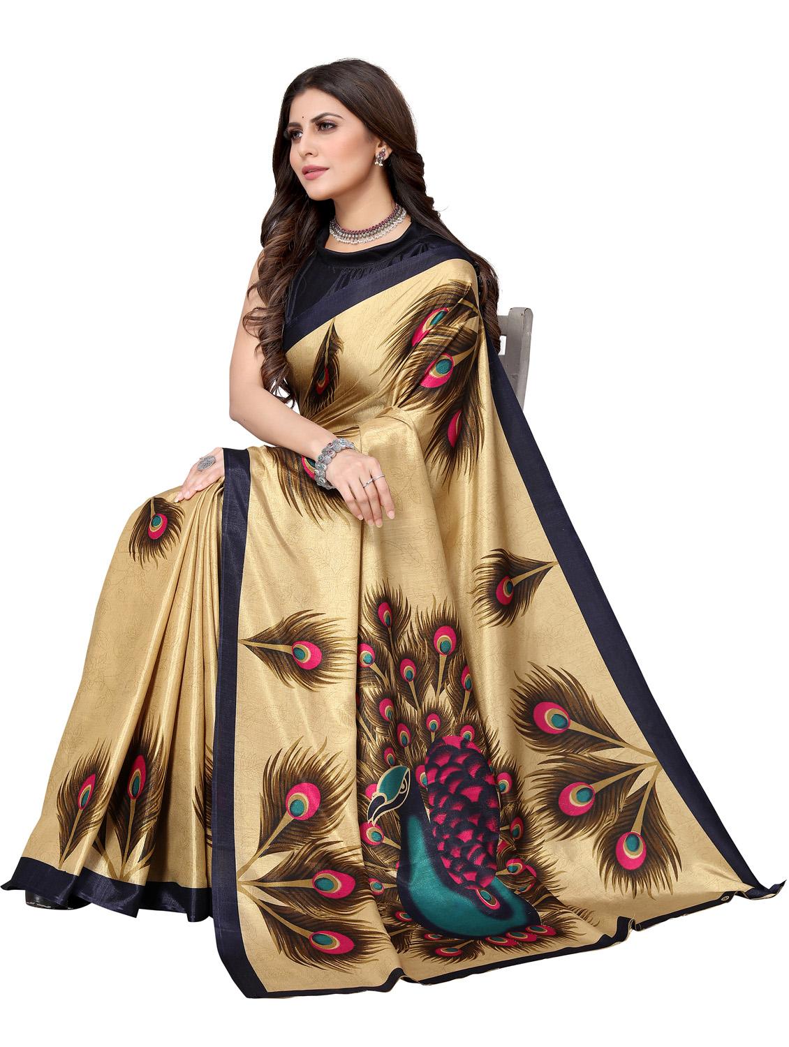 beige printed woven saree with blouse - 19814933 - Standard Image - 3